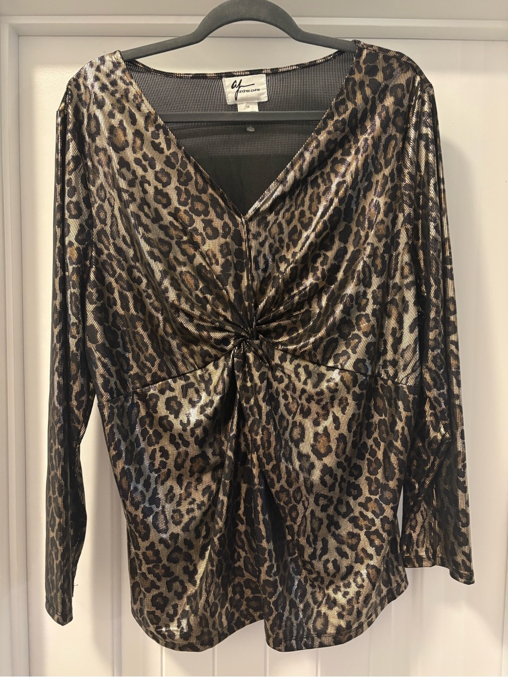 Andrea Jovine Metallic Leopard Twist-Front Long Sleeve Top Size 1X NWOT
